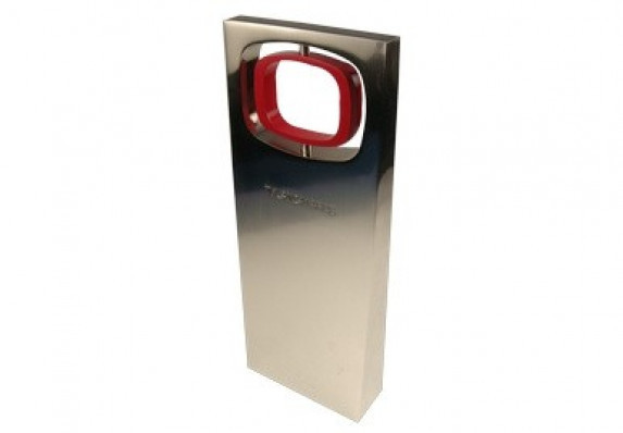 Branded custom aluminum award with cut-out area and metal logo spinner.