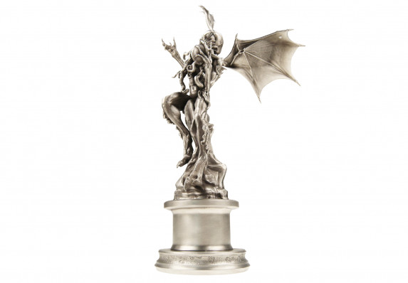 Sci-fi winged creature holding globe in its hand.