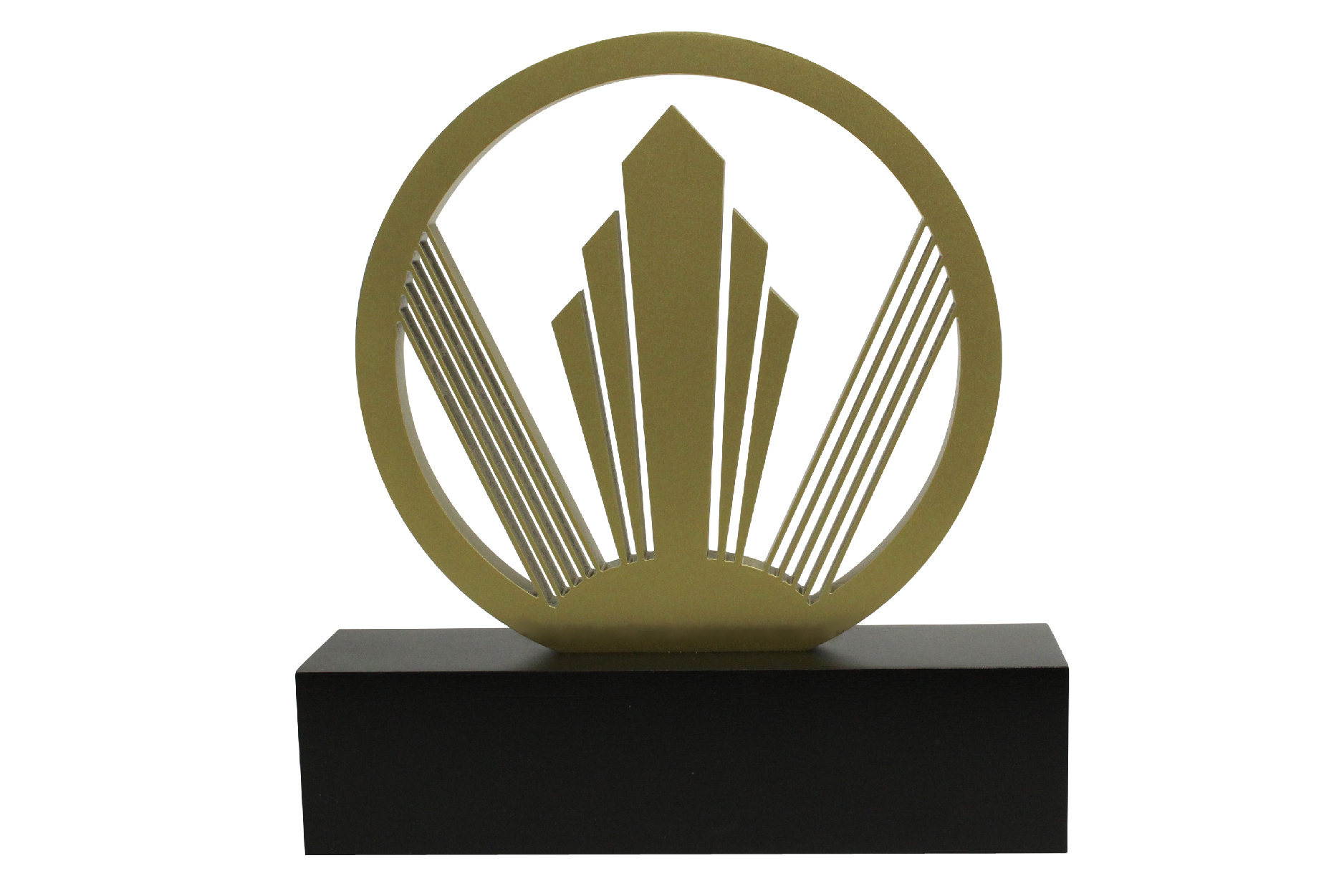 Gold Metal Medallion on black base.