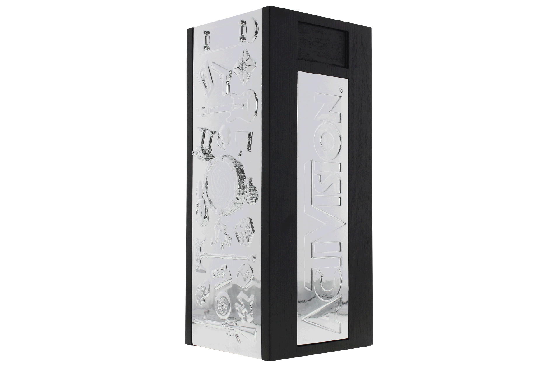 A custom metal and wood trophy with brand-related icons presented in 3D relief on large panels.