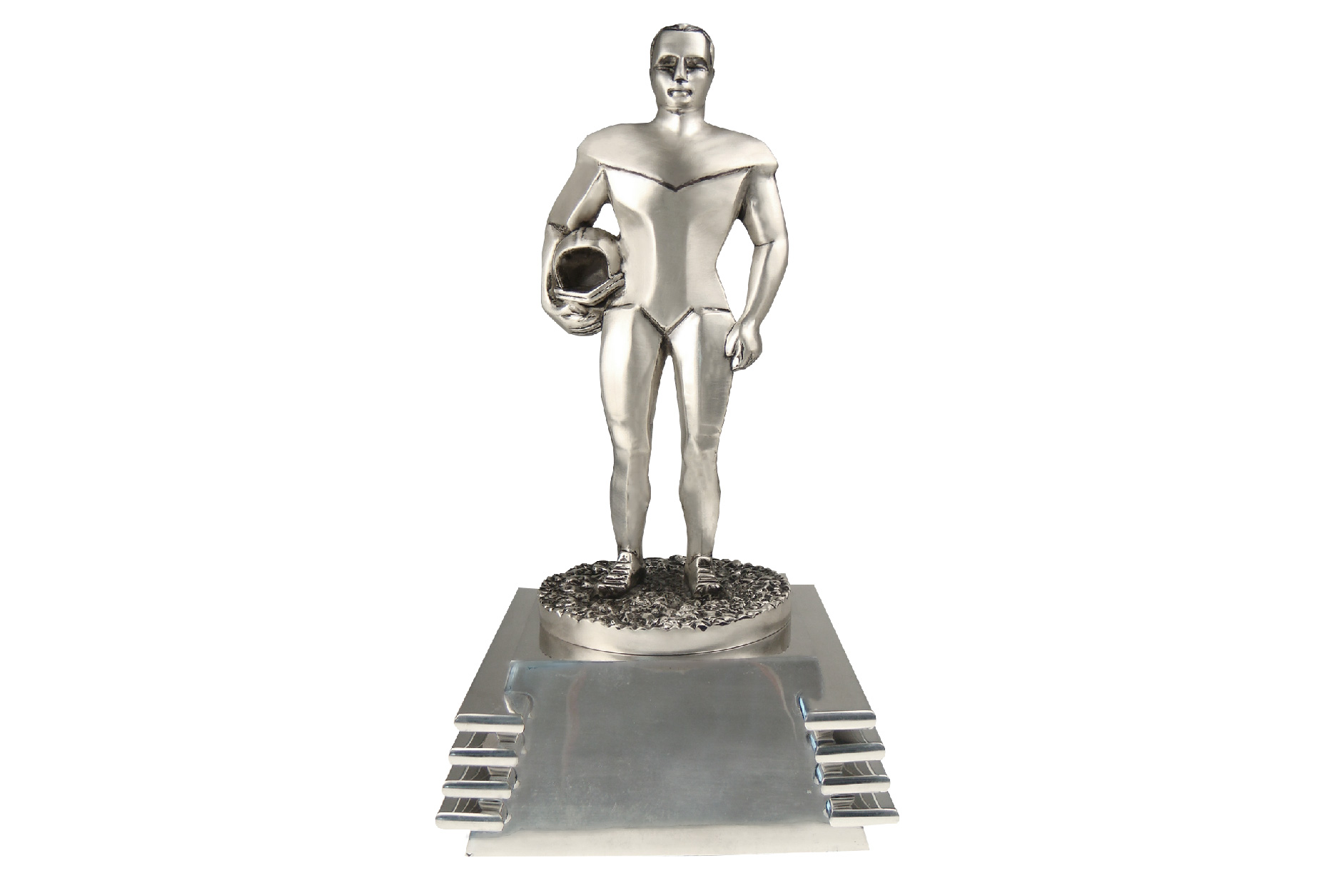 Metal figure on base in brushed silver finish.