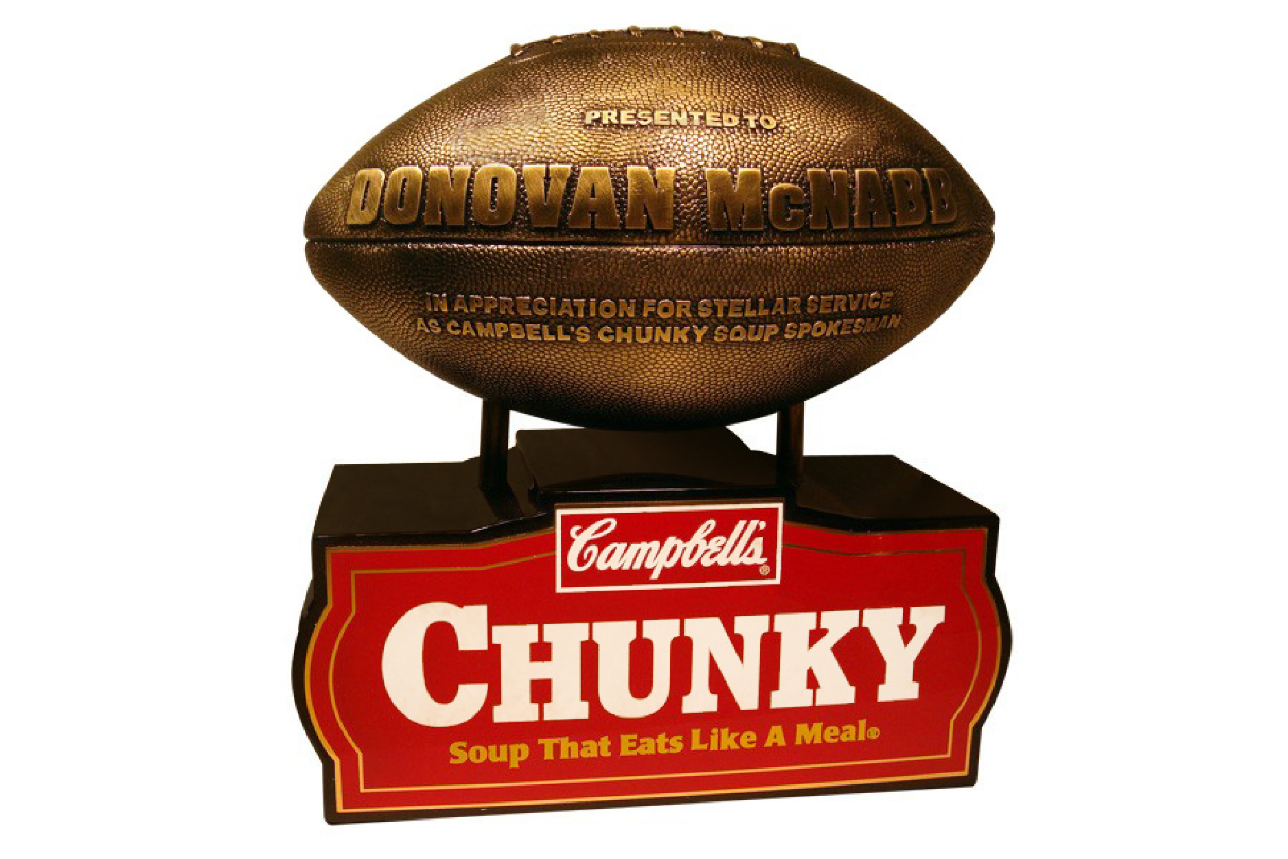 Cast resin metal plated football atop printed plate logo