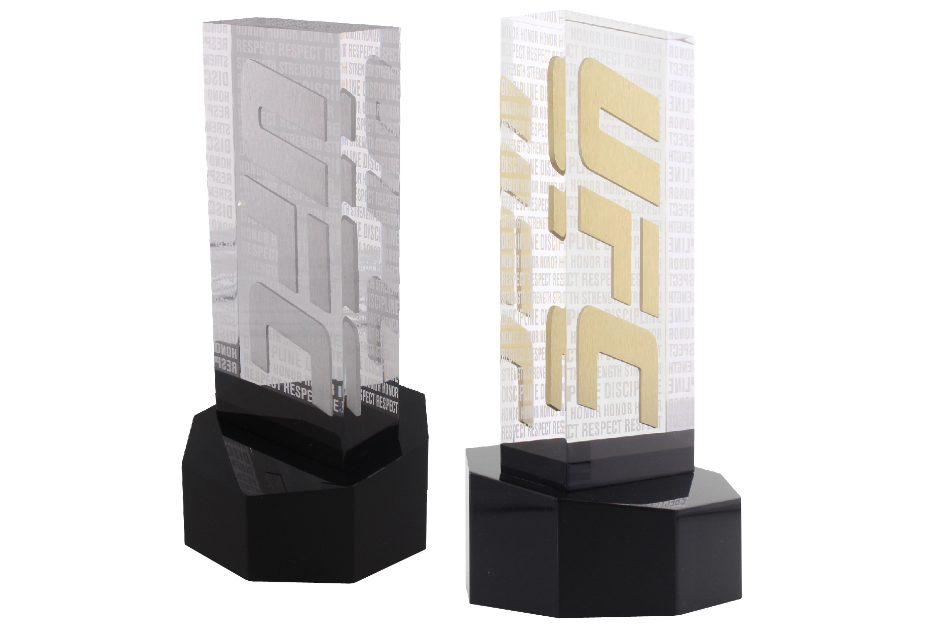 Custom acrylic trophy crafted for a prestigious sports championship with metal logo embedment and reverse printing.