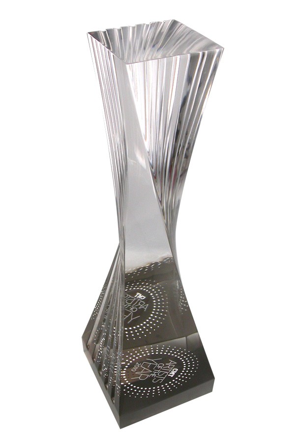 Twisting sculptural trophy made of machined Lucite acrylic