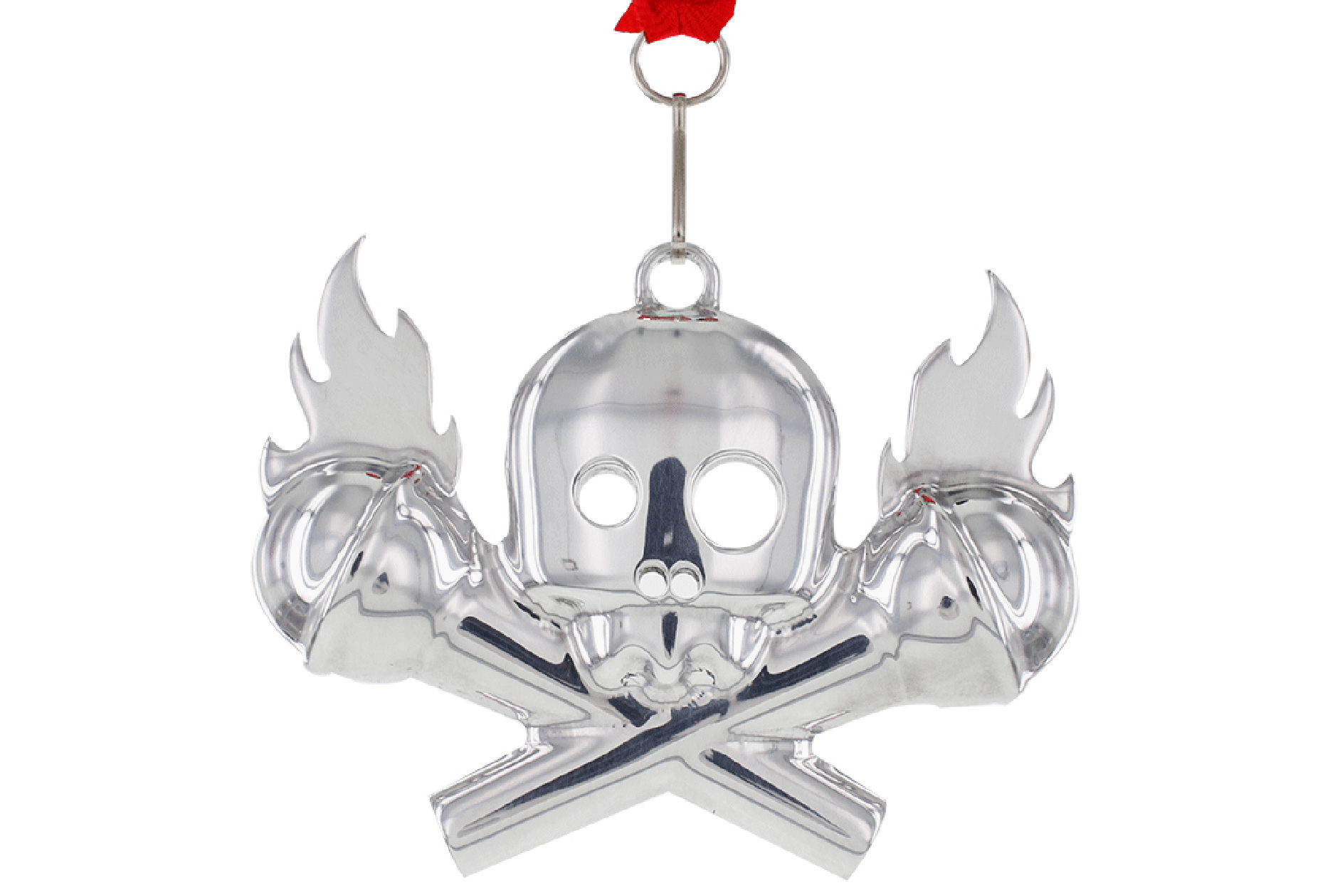 A polished metal custom medallion in the shape of a skull on a pair of flaming, crossed microphones. The sculpture is presented on a red ribbon to be worn around the neck. This exceptional recognition is presented for a televised comedic competition.