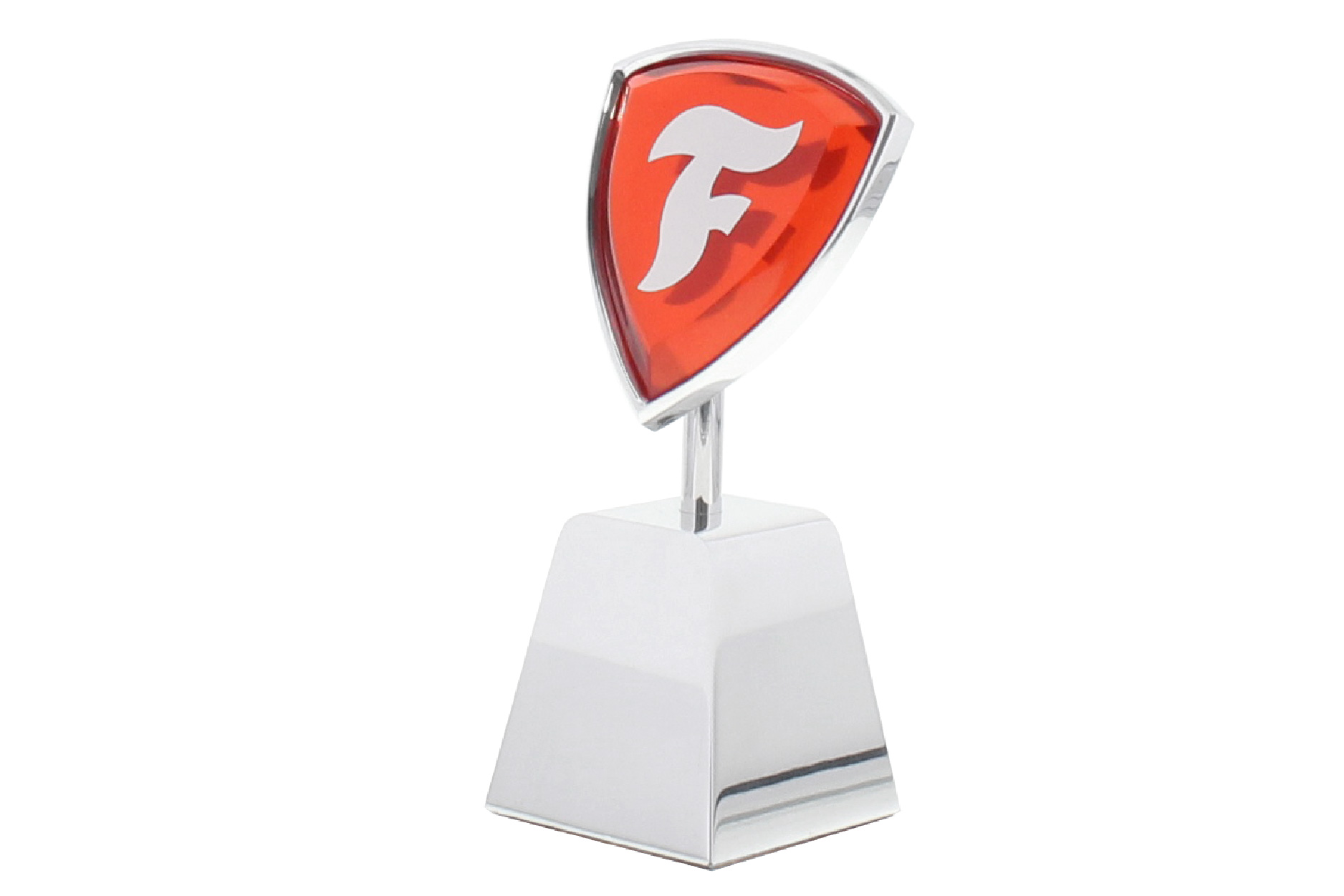Red acrylic shield trophy on aluminum base