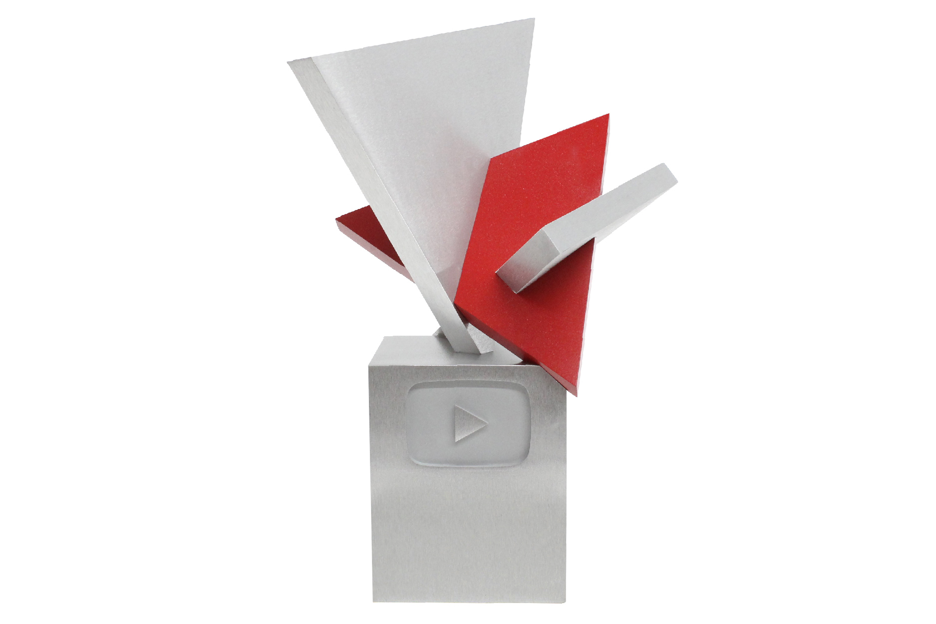 A custom, machined aluminum trophy hand assembled into an eye-catching sculptural final form. The base displays the brand's logo prominently and the top sculpture includes a brand-correct color painted panel.