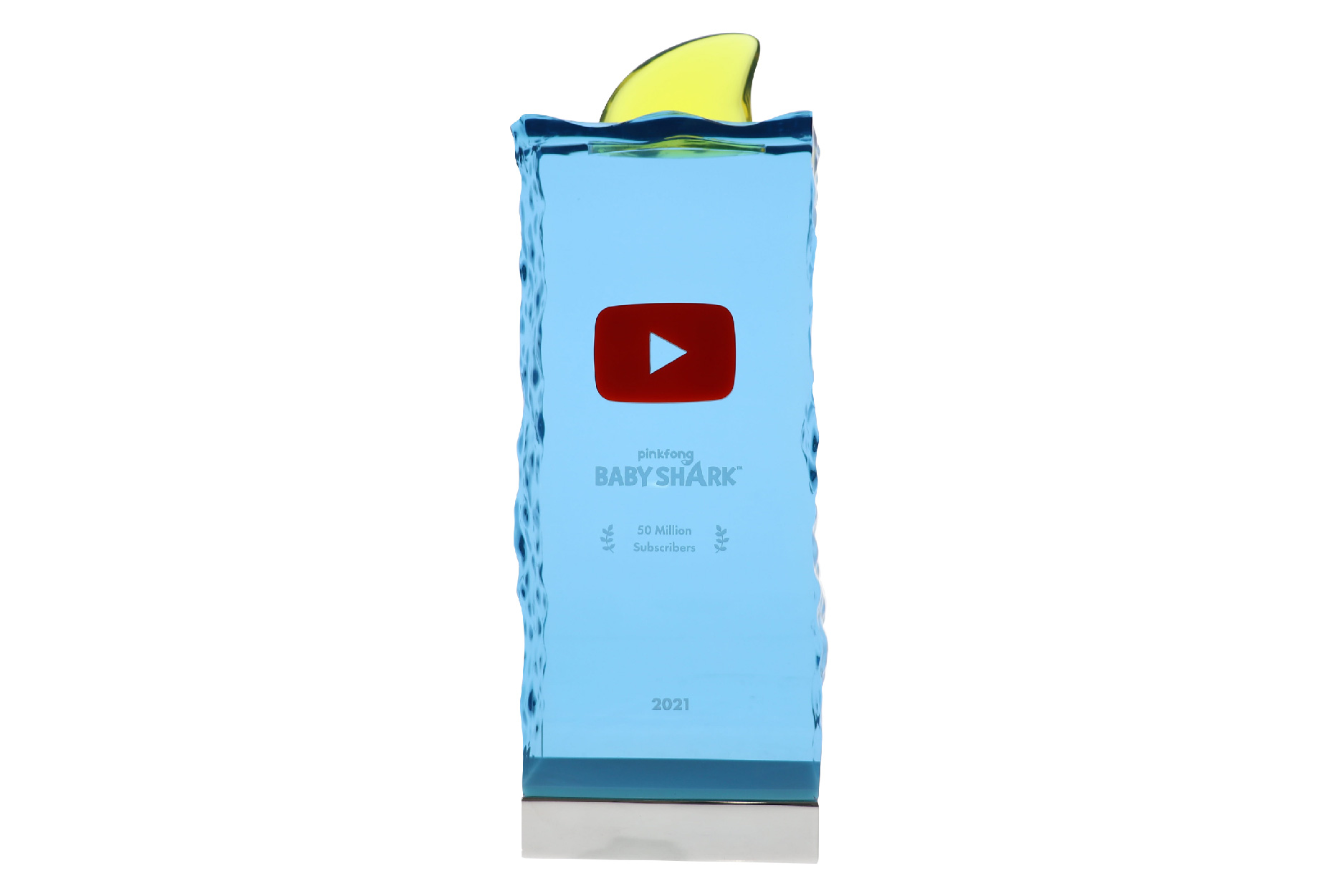 Pinkfong 50 Million Subscriber Award custom trophy crafted in high end Lucite acrylic for the official English Pinkfong Baby Shark - Kids' Songs & Stories YouTube Channel