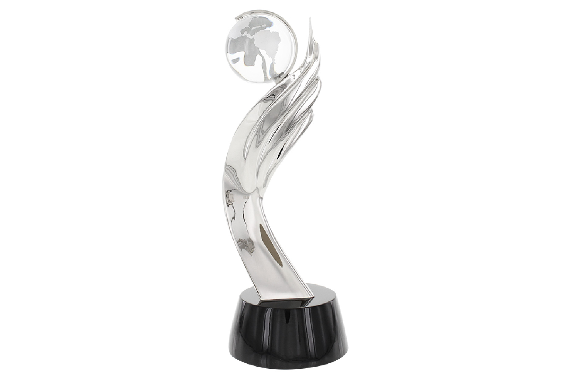 Custom award with a spinning crystal globe mounted in a sweeping, abstract metal wing.