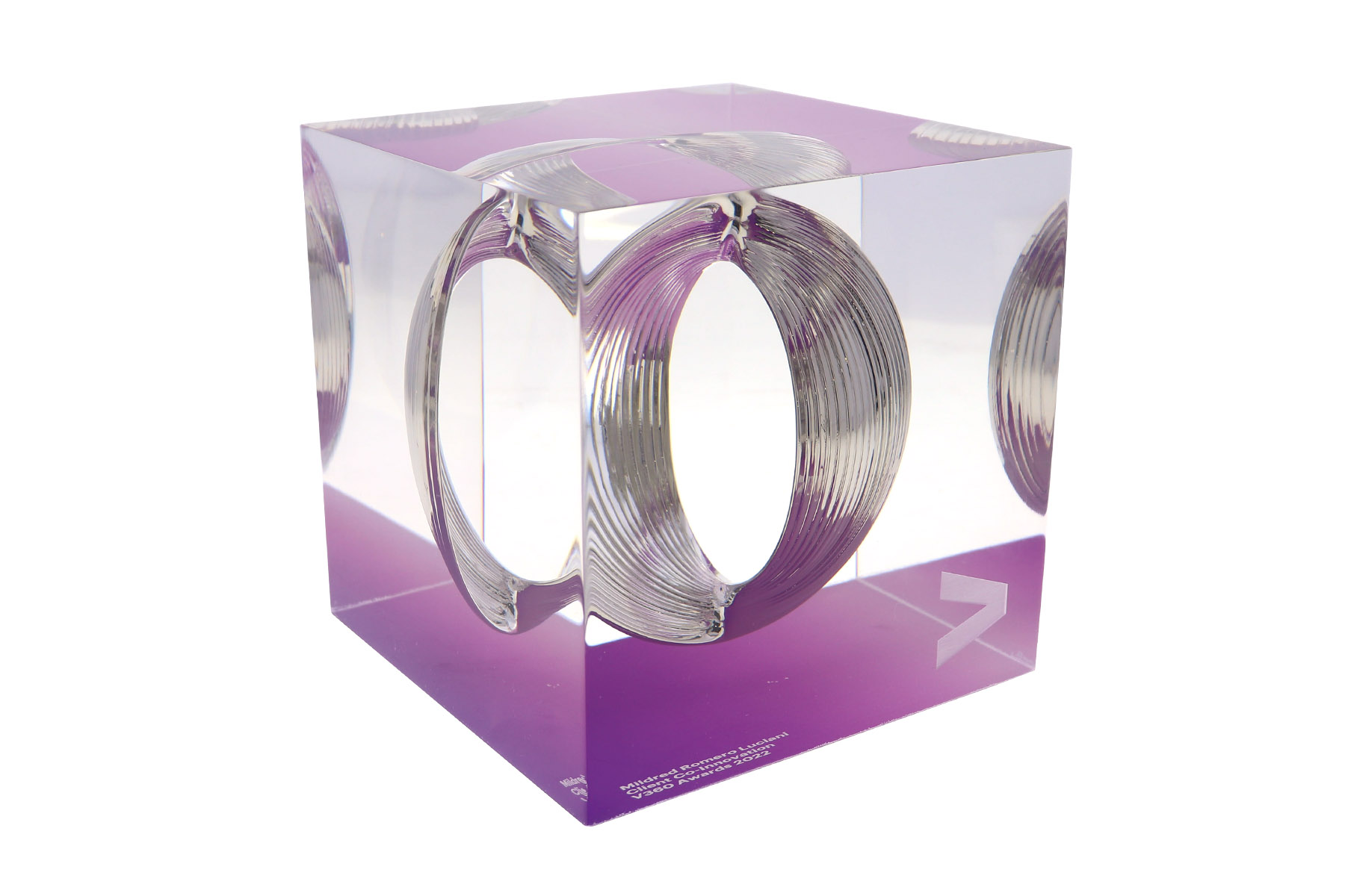 Custom crystal box containing a silver optical illusion