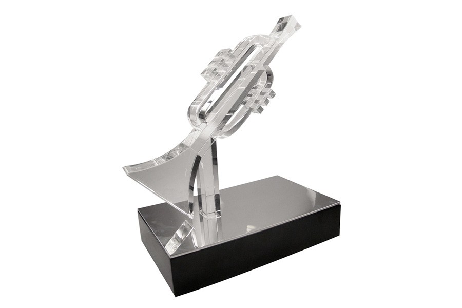 Custom crystal award cut to the shape of a trumpet. A handcrafted creation by Society Awards