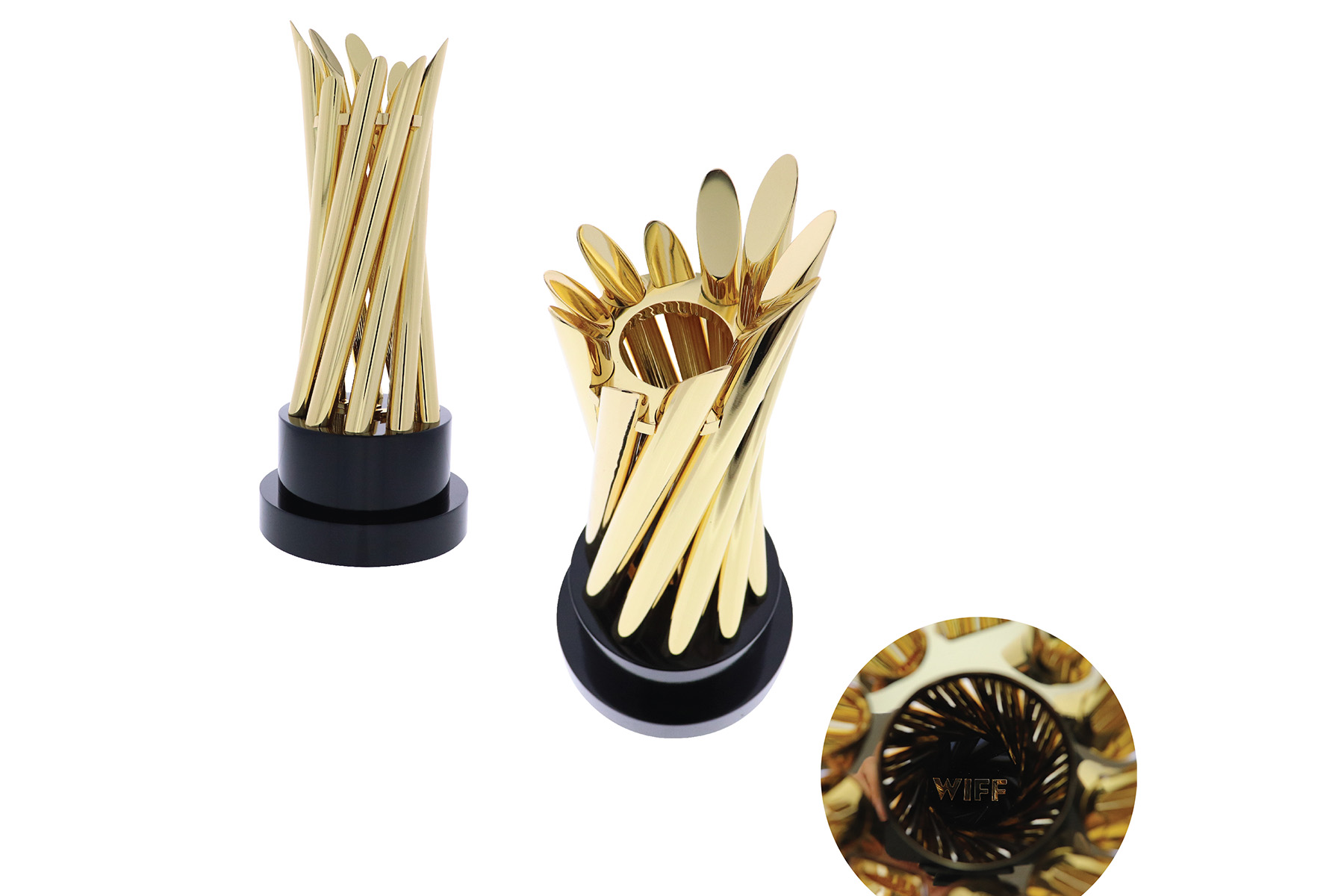 Spiral of leaning gold cylinders on a black base | Society Awards