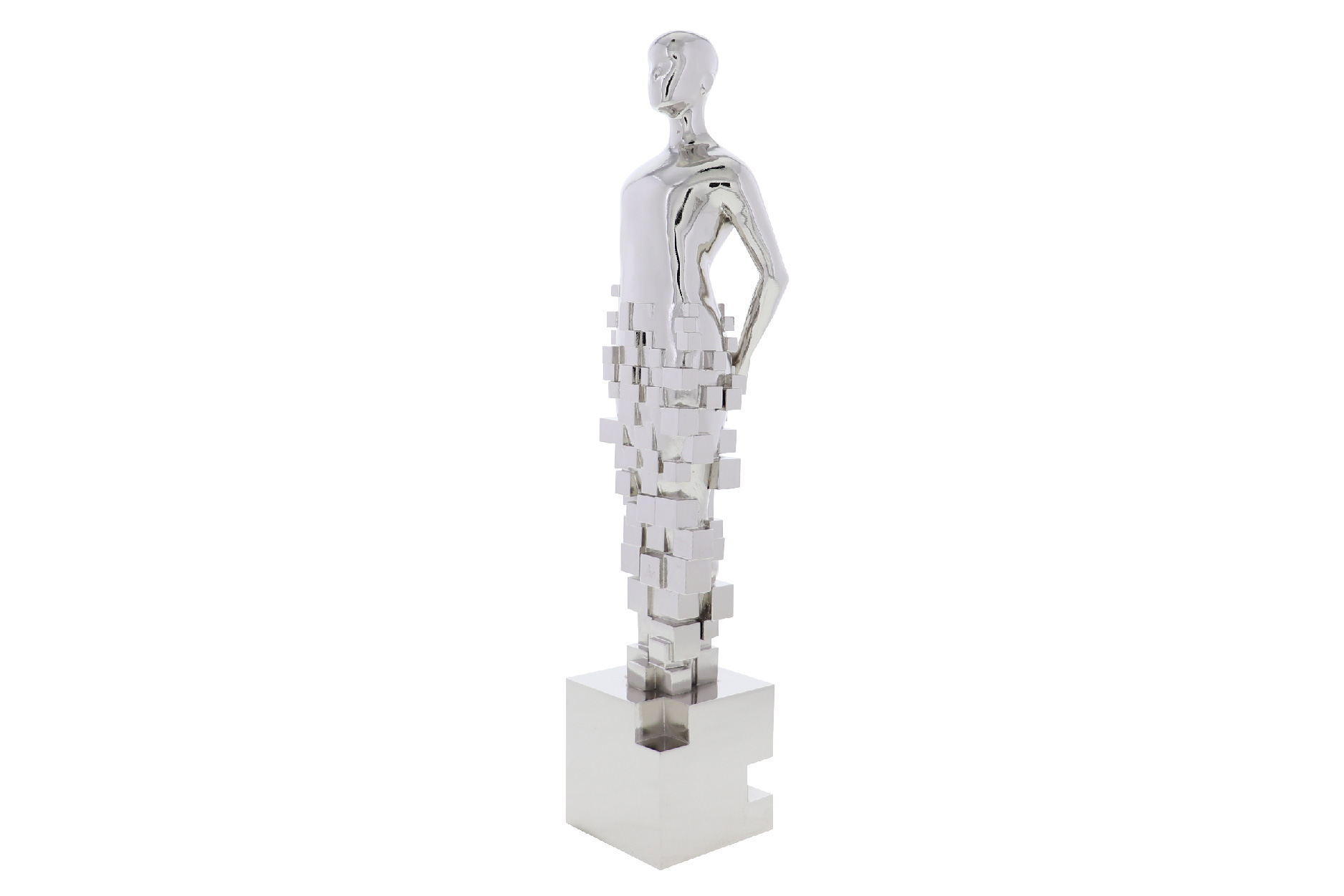 Silver metal statuette with a pixelated pattern at the bottom.