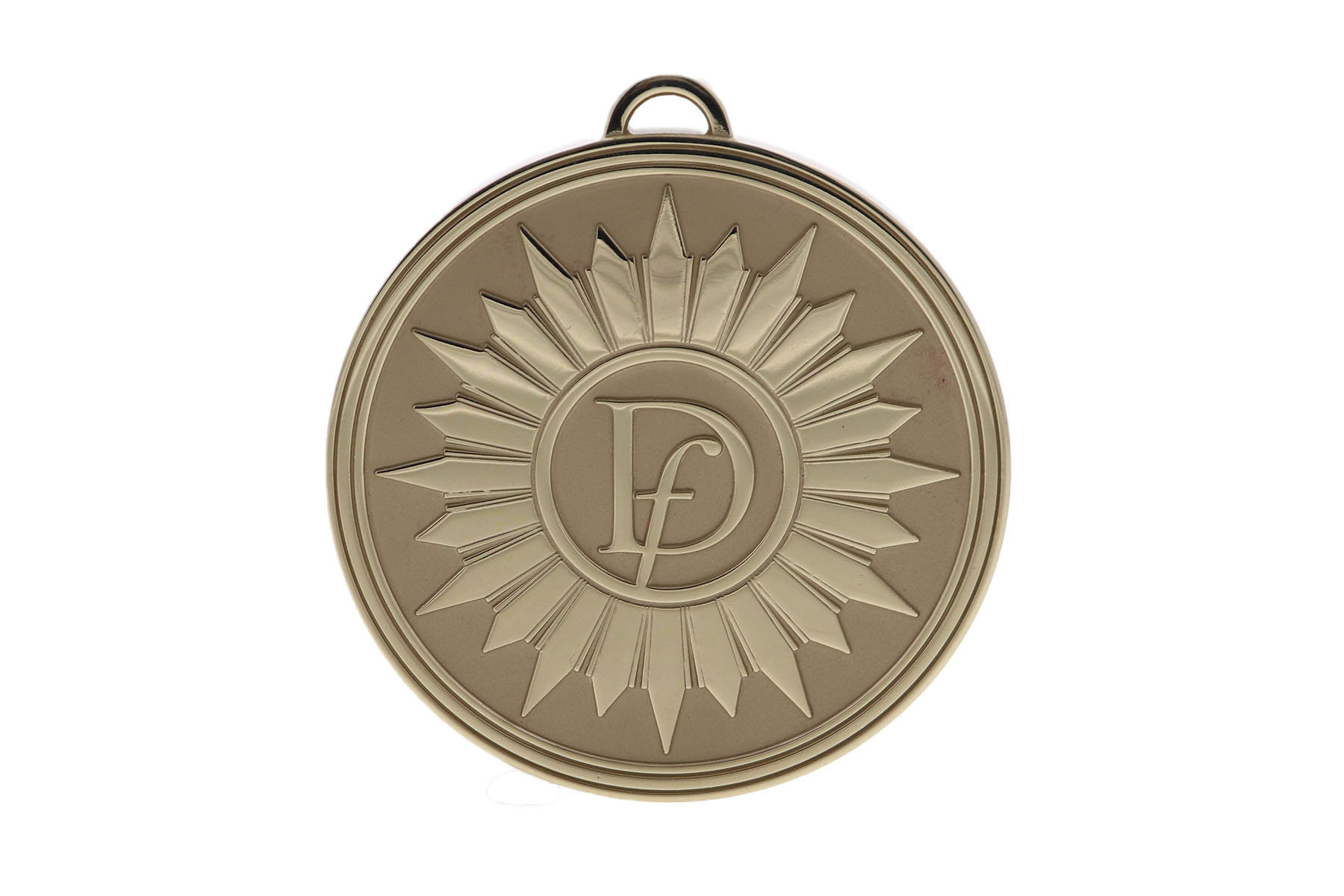 Circular gold metal with sunburst design and company logo | Society Awards
