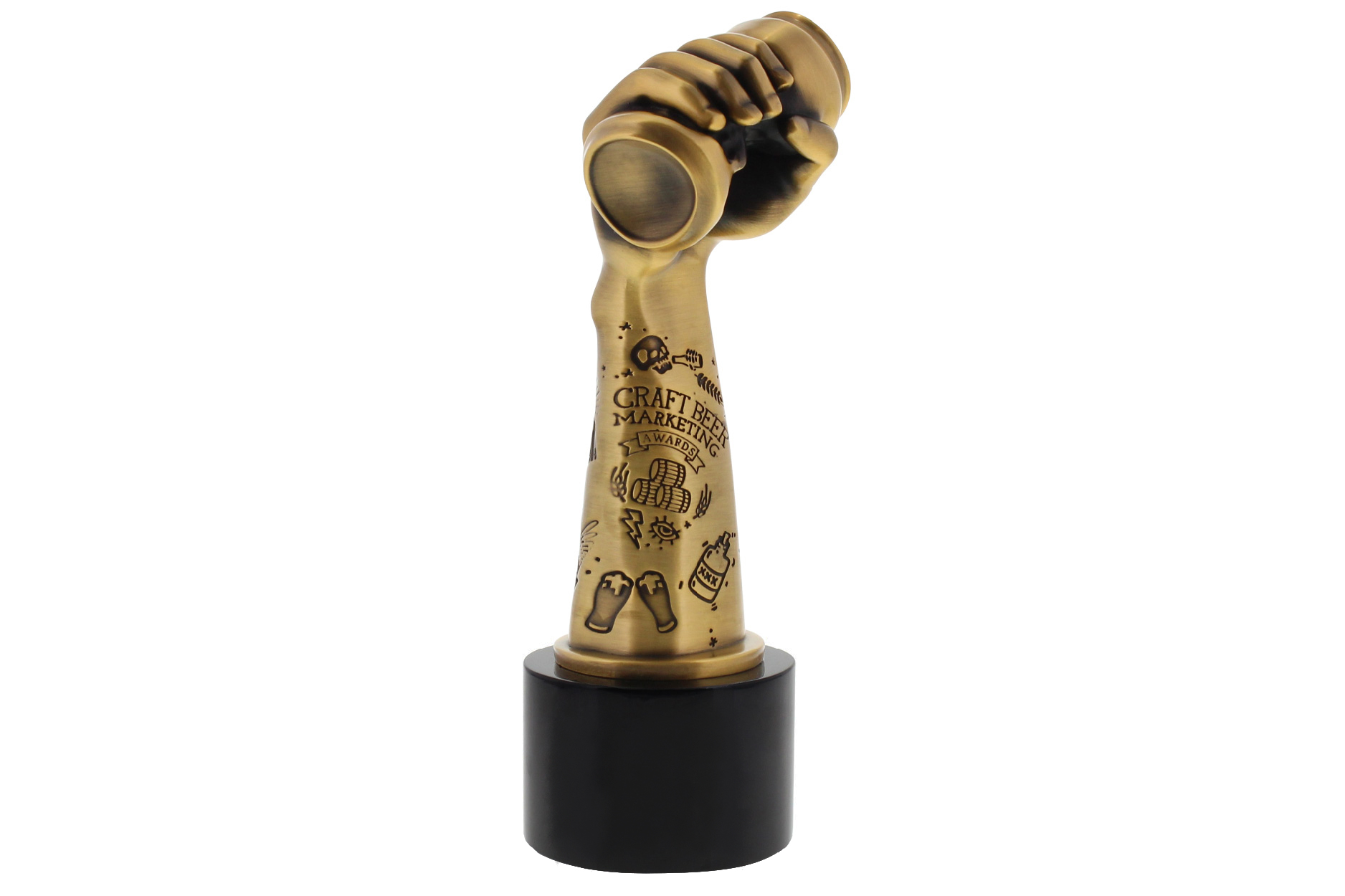 Custom metal trophy produced for the industry marketing awards. The unique luxury sculpture of an outstretched fist with beer can is at once playful and wildly impressive.