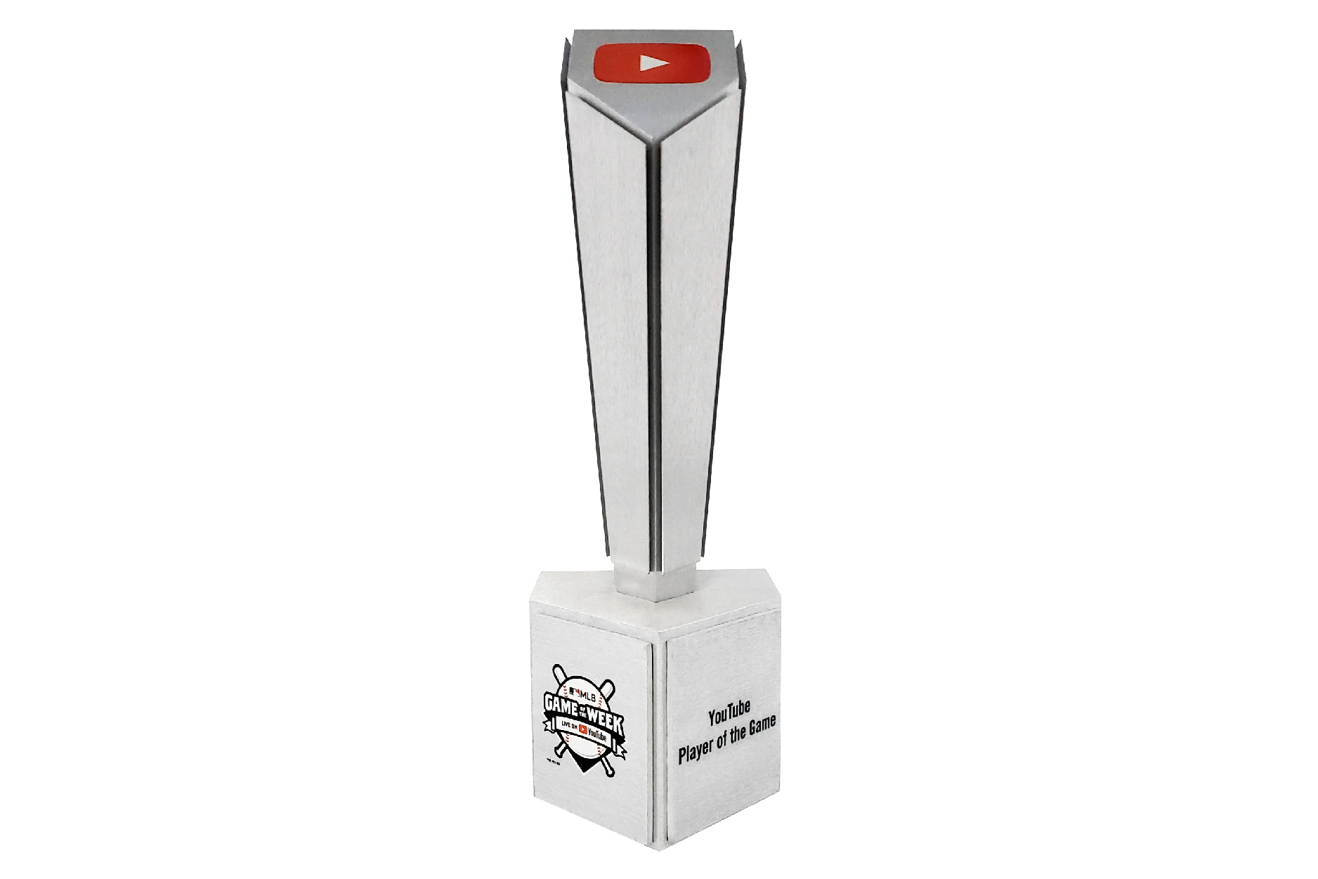 YouTube Player of the Game custom baseball award brushed aluminum trophy on aluminum base with printed YouTube Logo, Game of the Week logo, and printed silver plate.