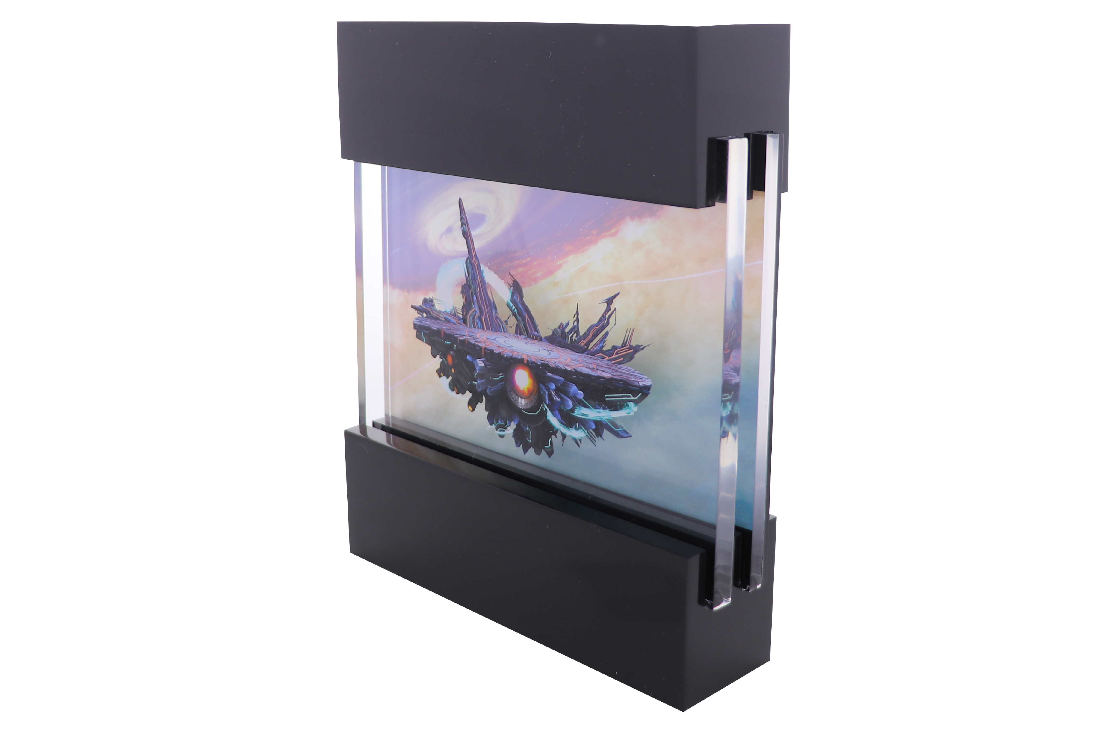Video game fighting stage within acrylic case with open sides.