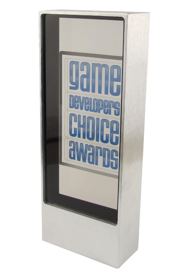 Game developer award made of metal casting with blue text