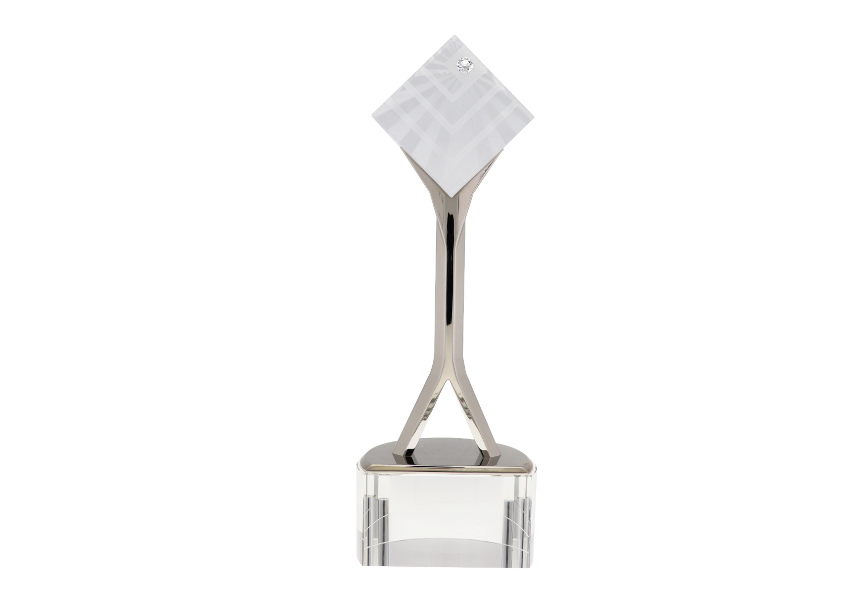 Metal trophy with cube and affixed diamond