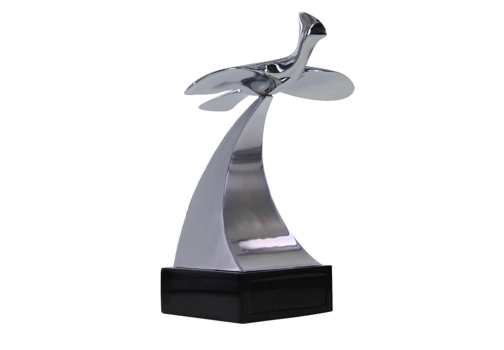 A soaring metal sculpture atop a black base