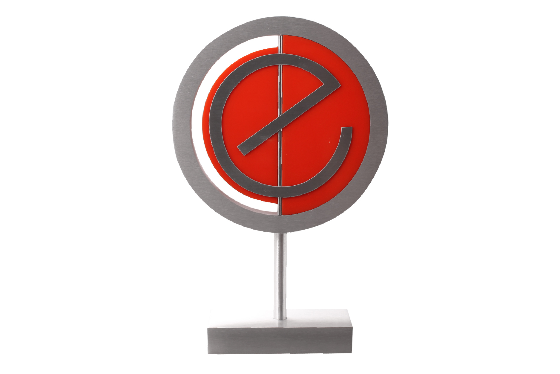 Aluminum and acrylic trophy with central logo detail.