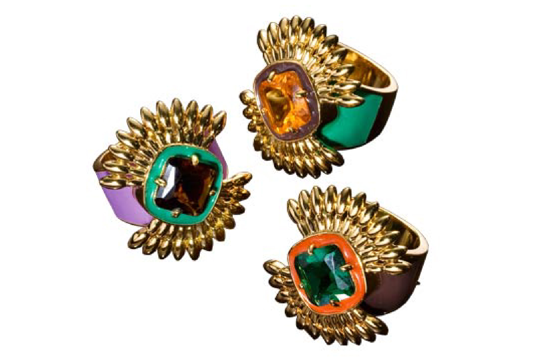 Custom metal and enamel rings with central gem