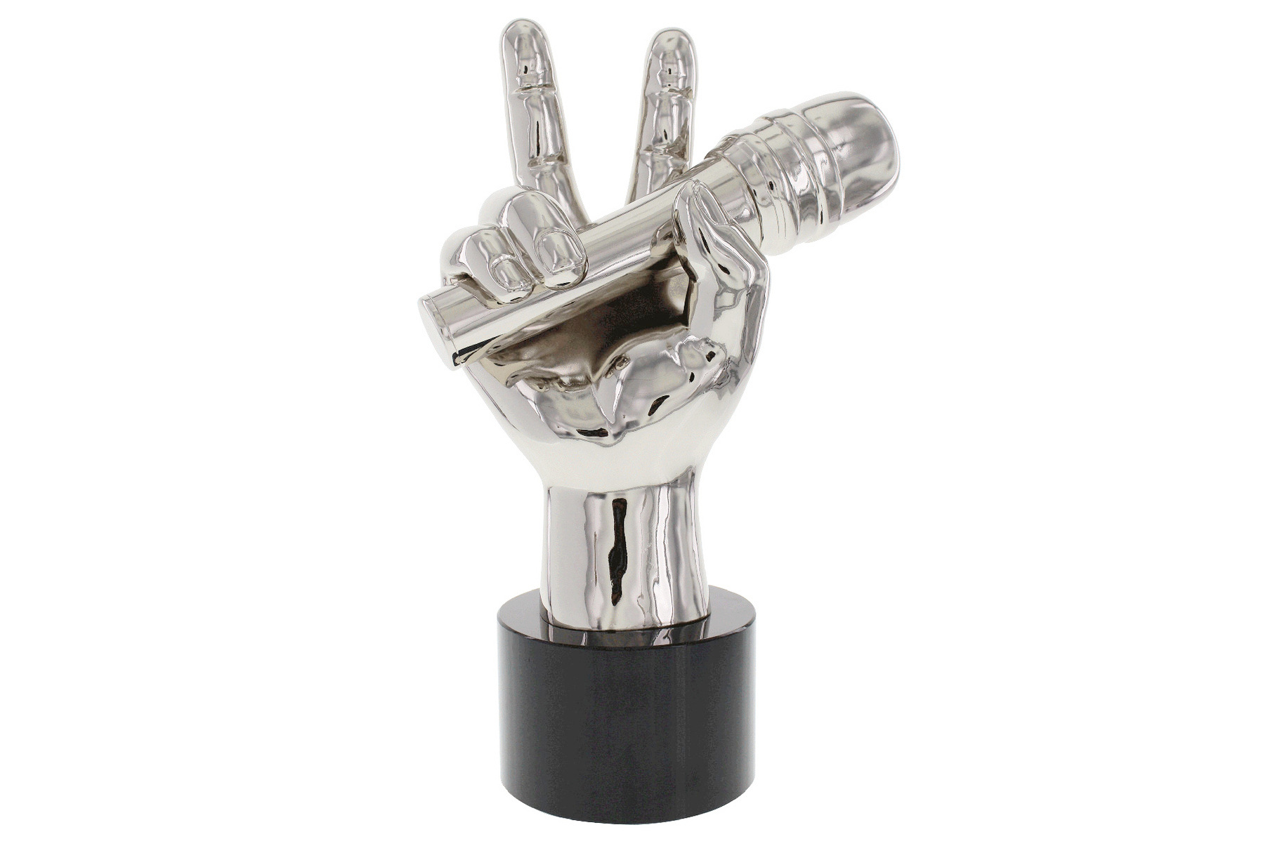 Custom chrome trophy of hands holding a microphone