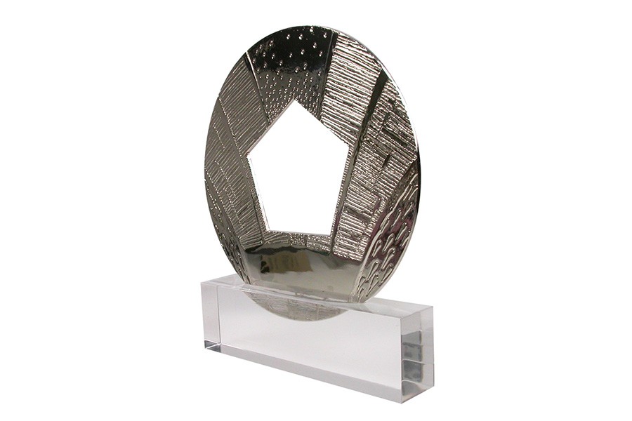 Famous packaging design awards. Patterned medallion is mounted in clear acrylic base.