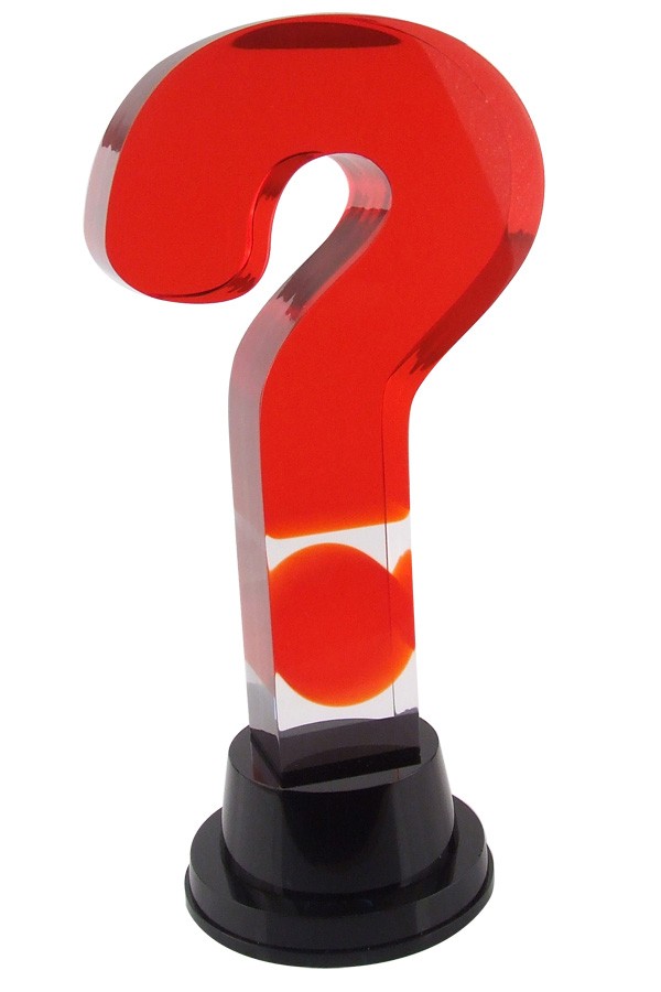 Lucite acrylic translucent red Question mark with floating dot