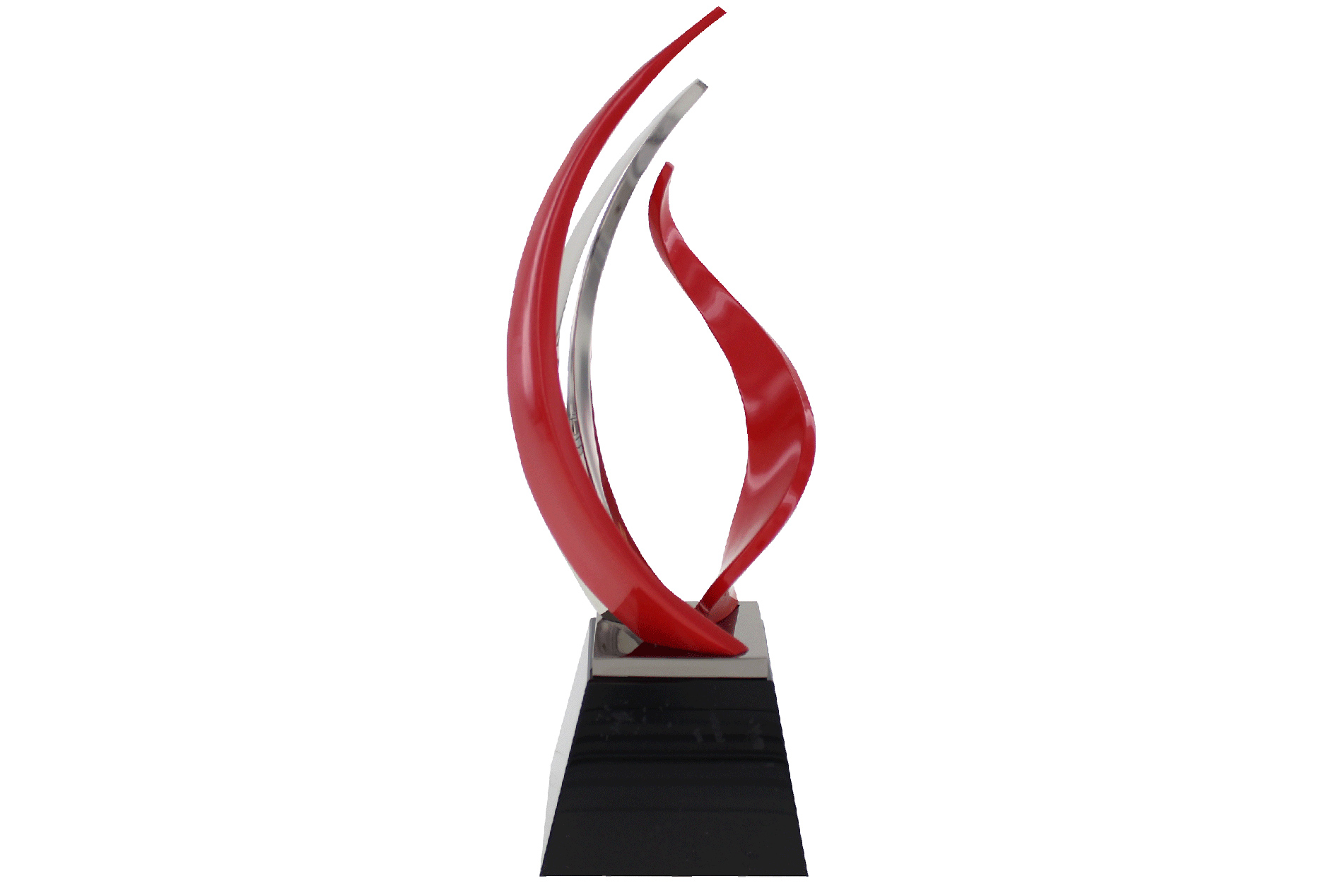 Three metal arms twist and curve upward from a central marble base in this custom corporate award. Accented with color correct red of the brand.