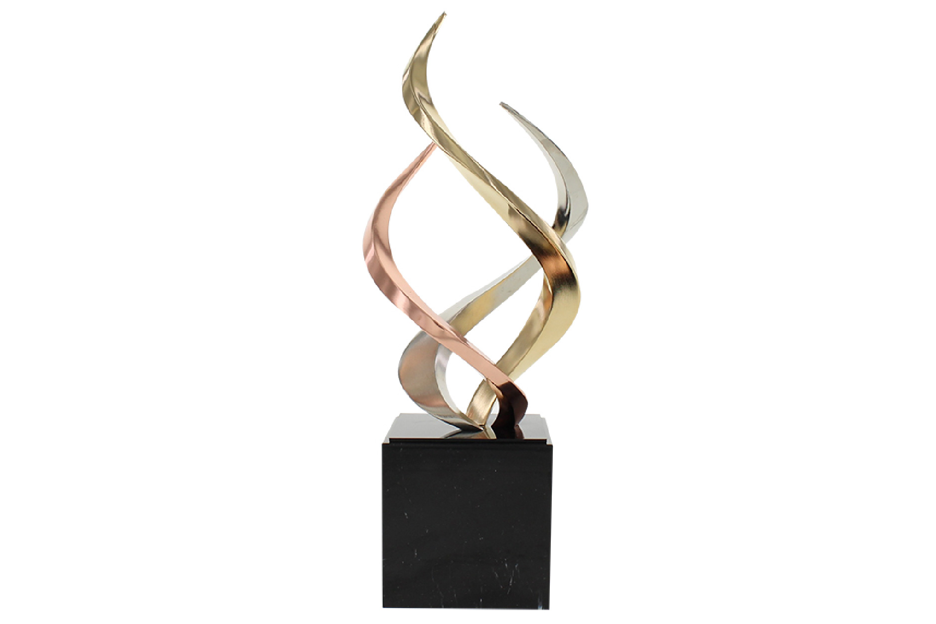 Flowing ribbons of cast metal are electroplated in gold, silver or bronze finishes and mounted atop a black marble base to create the abstract impression of rising flames.