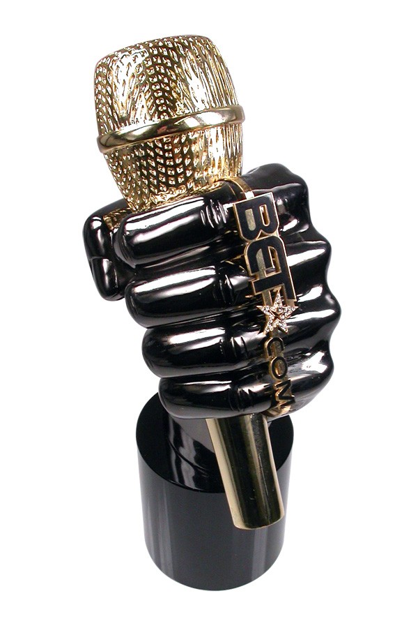 Hand with microphone custom award in black nickel and 24k gold with branded ring and crystal detail