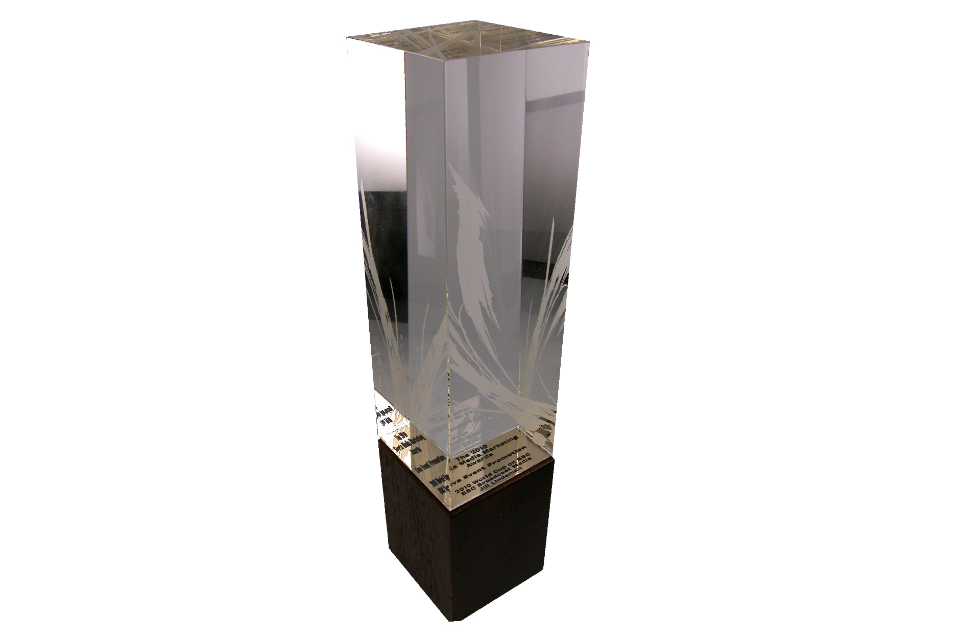 custom cut and etched crystal block with custom fitting solid wood base