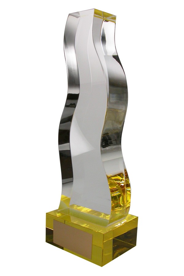 Crystal wave sculpture award with colored crystal base