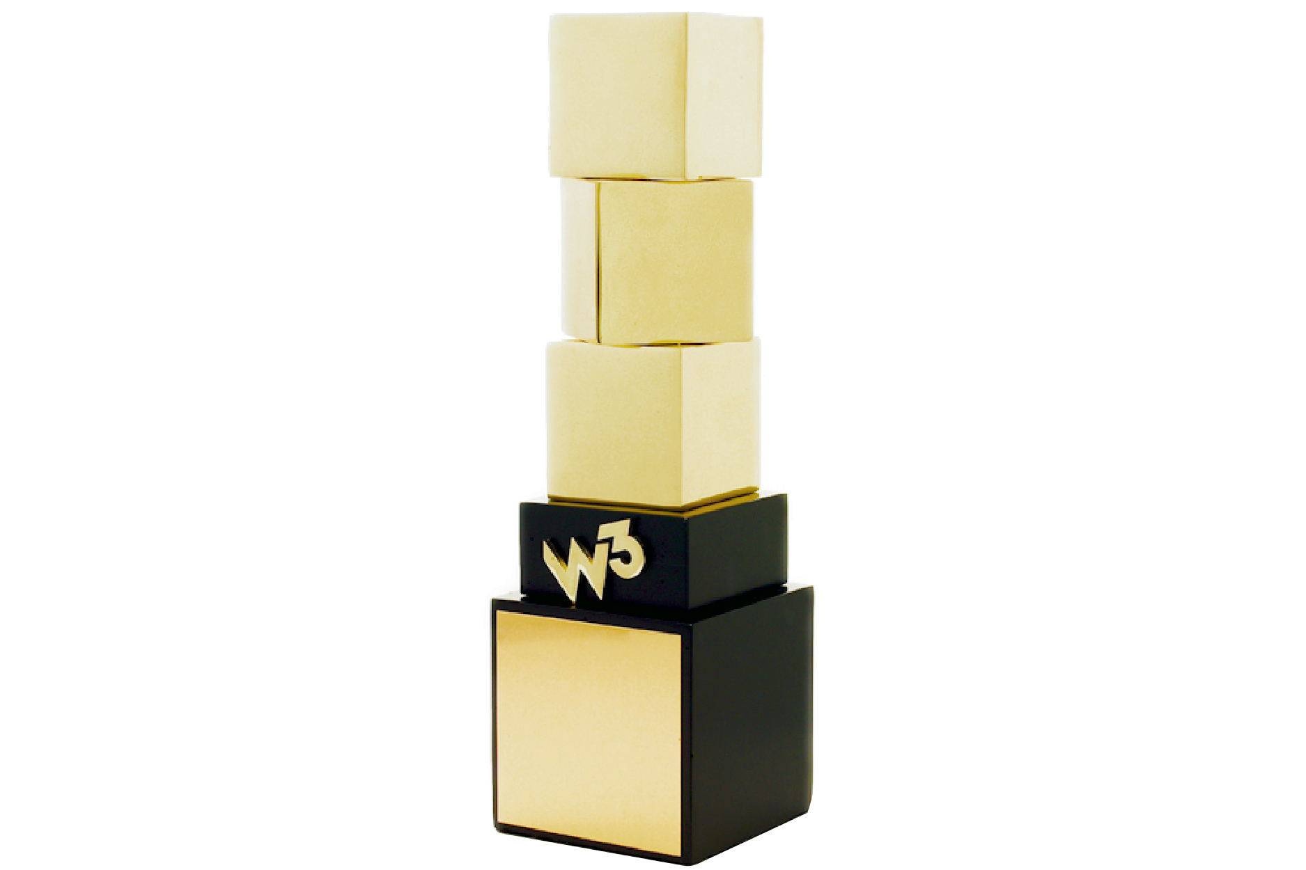 Trophy design with three stacked blocks in highly-polished metal. With wood base and metal logo detail.