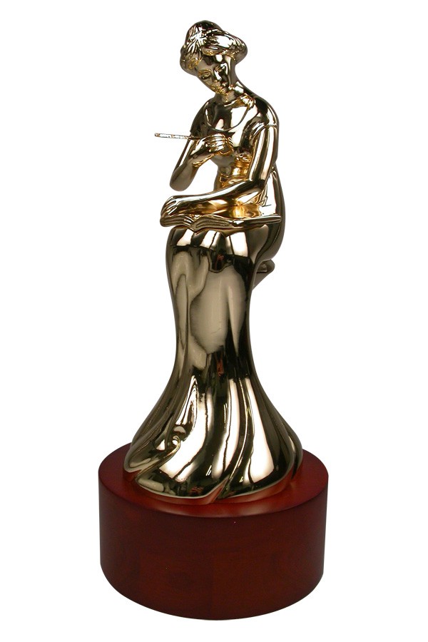 Writers award - beautiful sculpture of a seated woman writing with metal quill pen