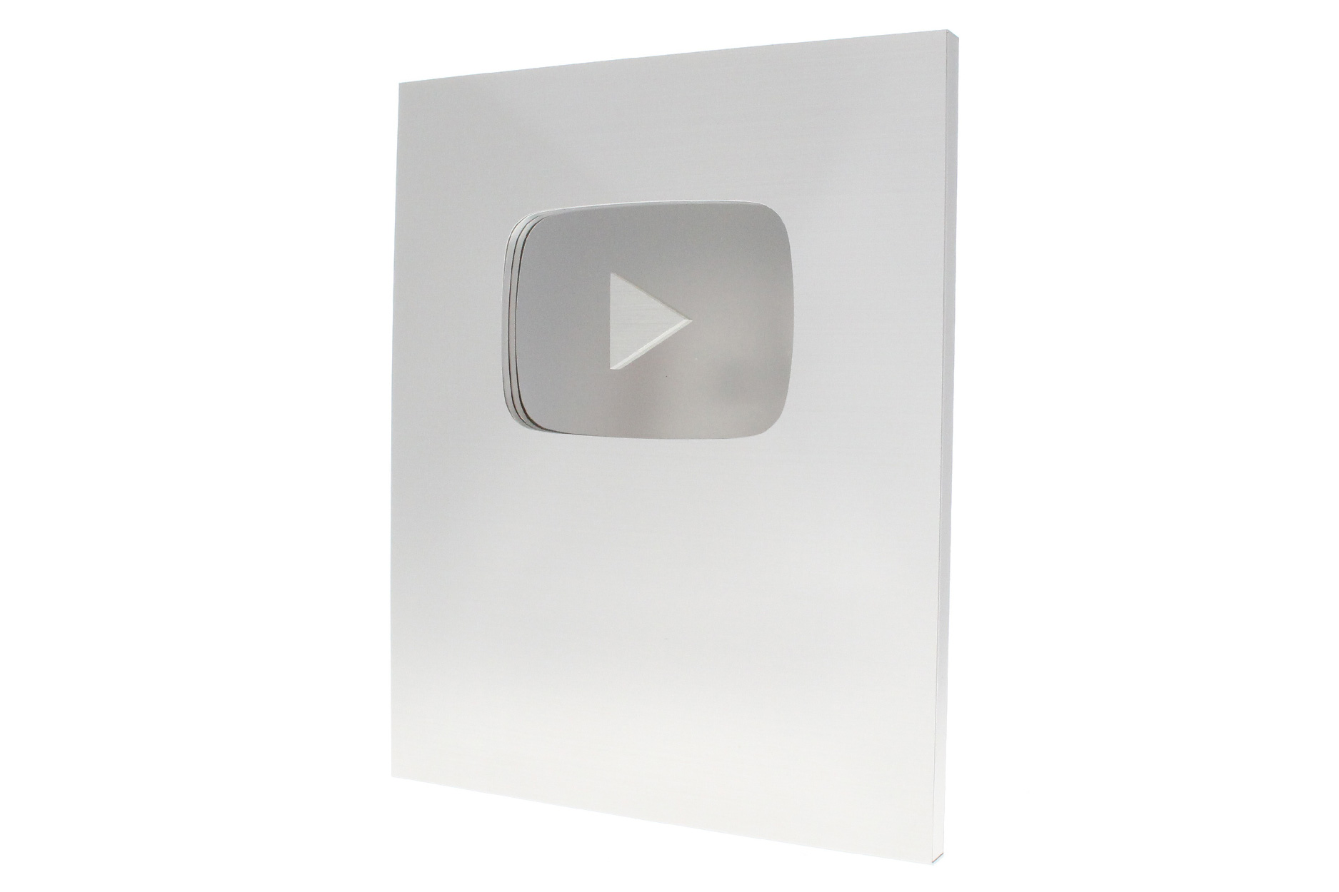 YouTube Silver Play button brushed silver trophy plaque for the YouTube creator awards with contrasting, shiny recessed logo.