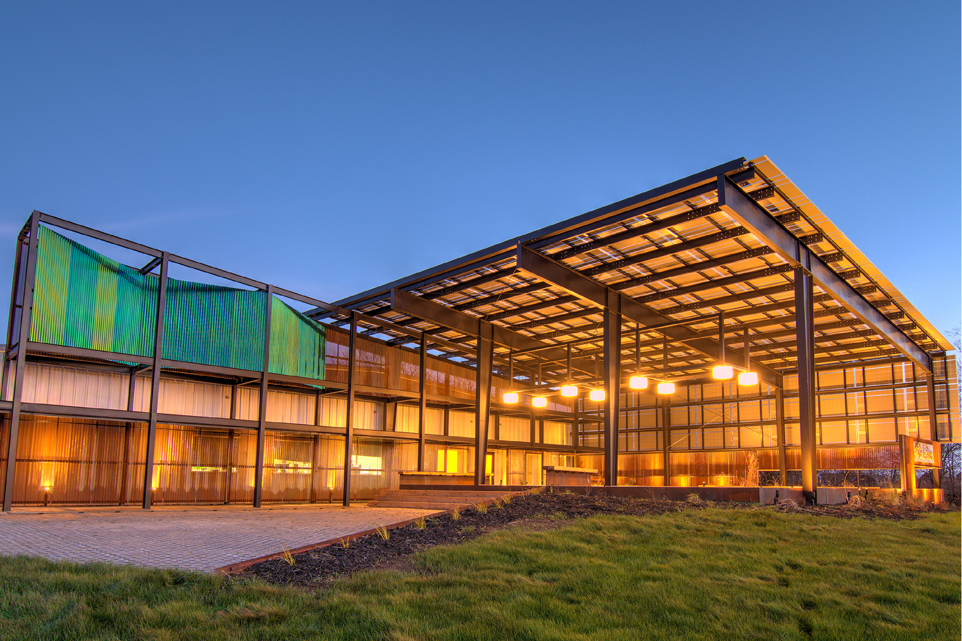 View of the solar-panel canopy which powers the Grove, OK Production Facility of Society Awards