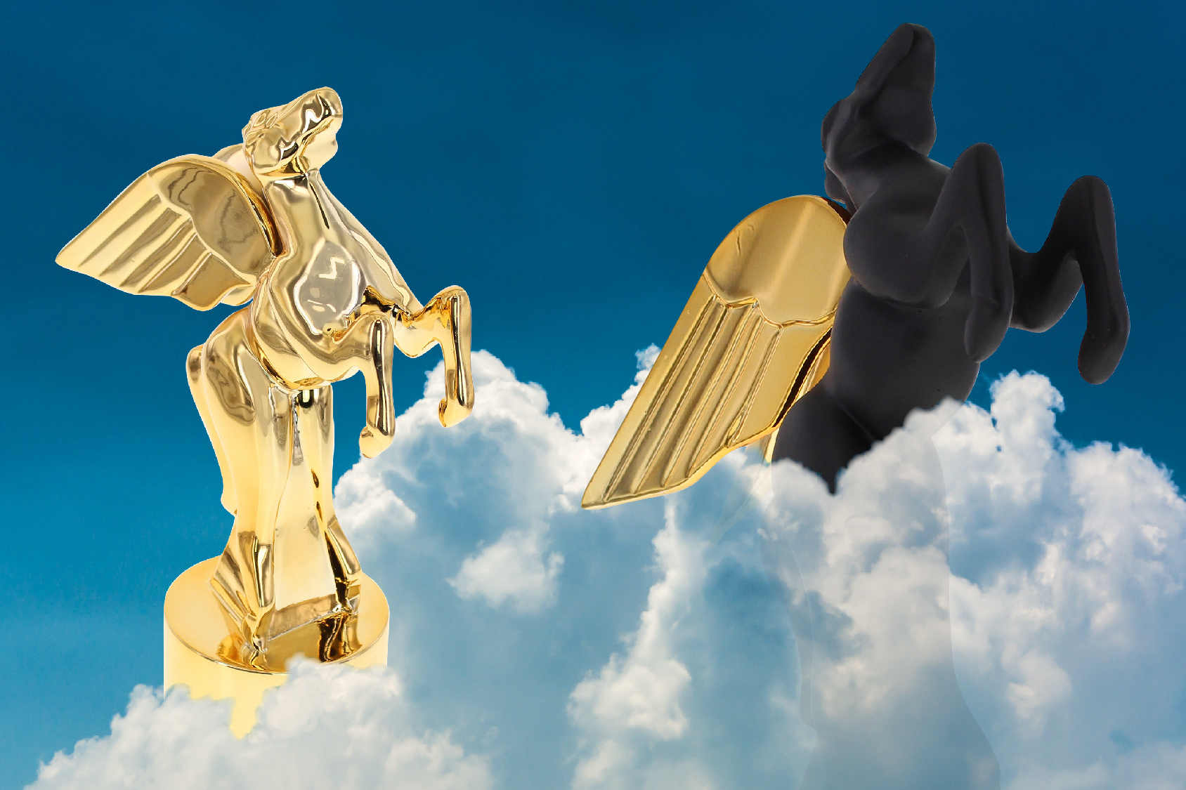 Two gold pegasus shaped custom awards emerging from clouds
