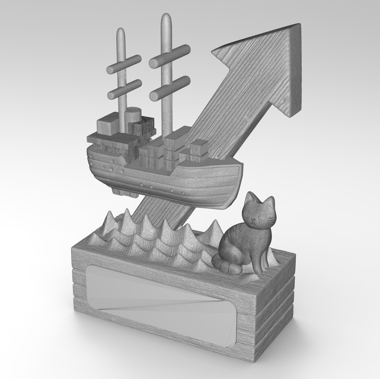 An in-progress design for a custom award project that is being digitally modelled by our in-house 3D Designer. The image is of a ship on the sea with a cat