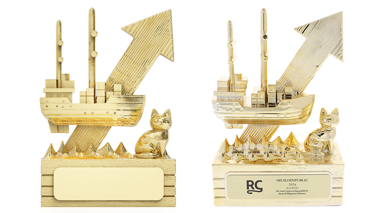 a finished 3D design gold trophy statue from society awards depicting a ship at sea with a cat