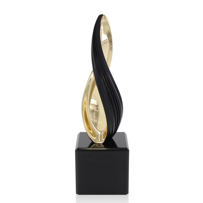 The Twist Texture 2 from society awards. A side angle of a gold and black metal trophy twist texture trophy and objet d'art