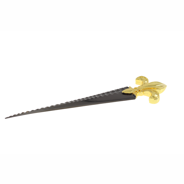 Custom shaped letter opener with 24k gold plating, fleur de lis handle and stud detail.