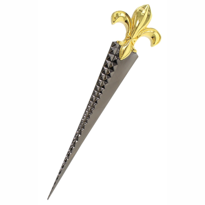 Custom shaped letter opener with 24k gold plating, fleur de lis handle and stud detail.
