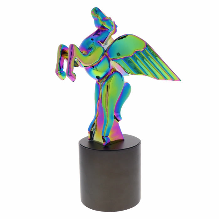 Deco Pegasus with Chromatic IP finish trophy award on a matte black base