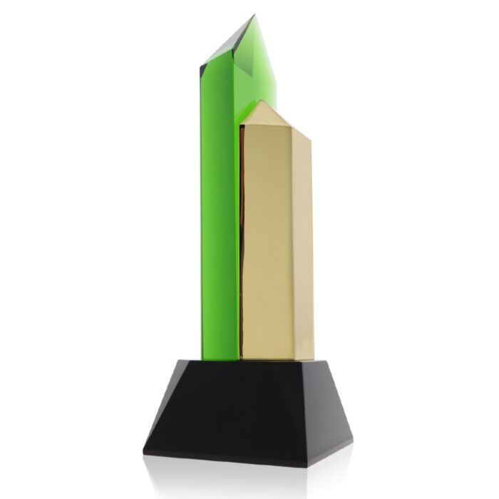 Hexagon Green Gold Award Faceted Metal + Crystal Columns, Staggered Formation trophy