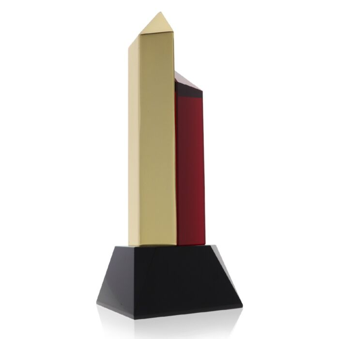 Hexagon Gold Red Award Faceted Metal + Crystal Columns, Staggered Formation trophy