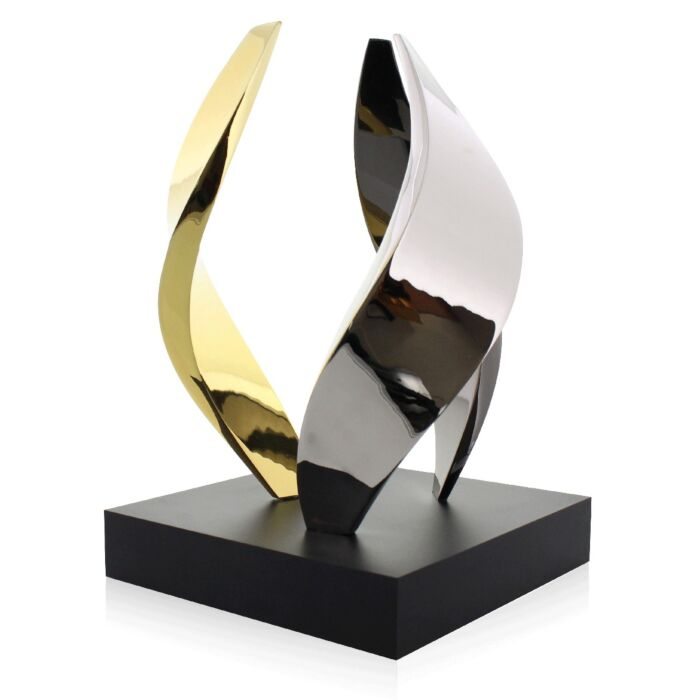 Aria IV Award Elegant & Rare Sculpture combines three elegant, twisting forms in gold, silver, and black nickel on a matte black base