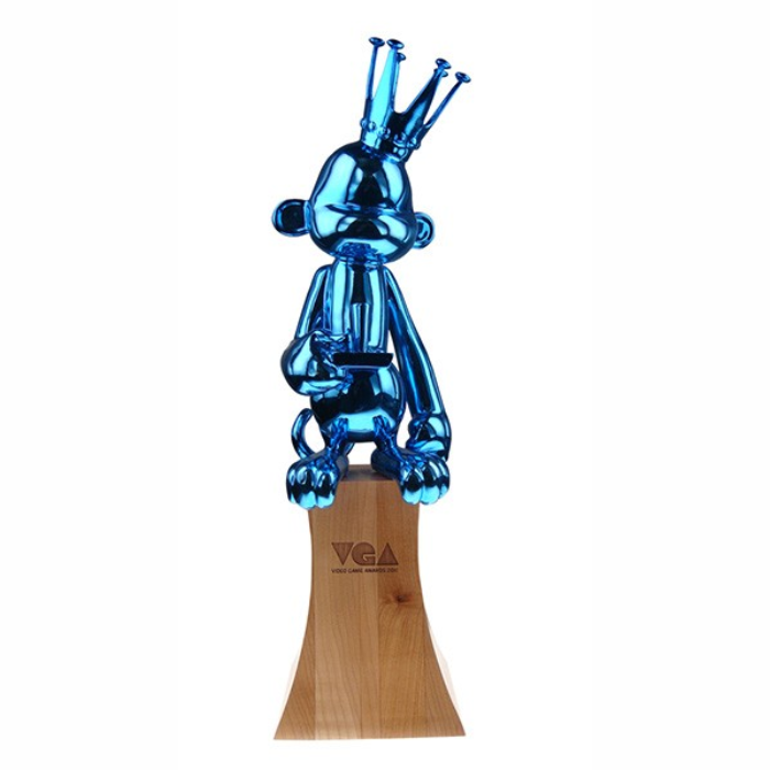 Custom complex cast sculpture monkey with crown curly tail and video controller - mirror shiny blue chrome pain on solid wood base - Spike TV VGA Video Game Award