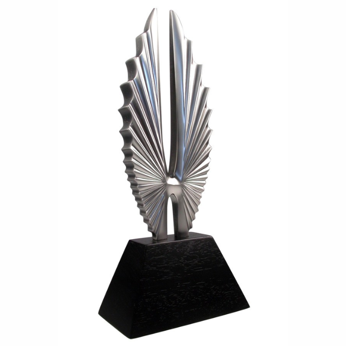 Uplifting wings trophy for GLAAD Media Awards - cast metal sculpture on wood base - custom designed and manufactured by Society Awards